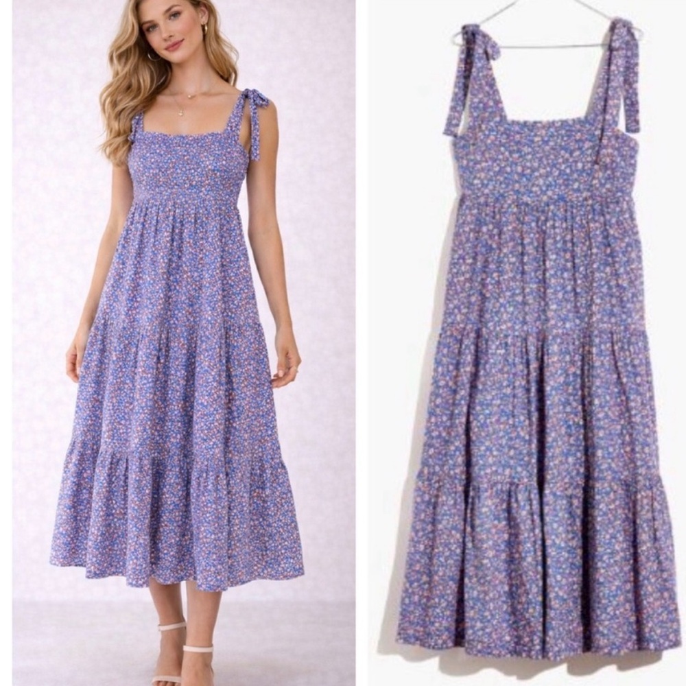Madewell Tie-Strap Tiered Midi Dress in Summer Vines